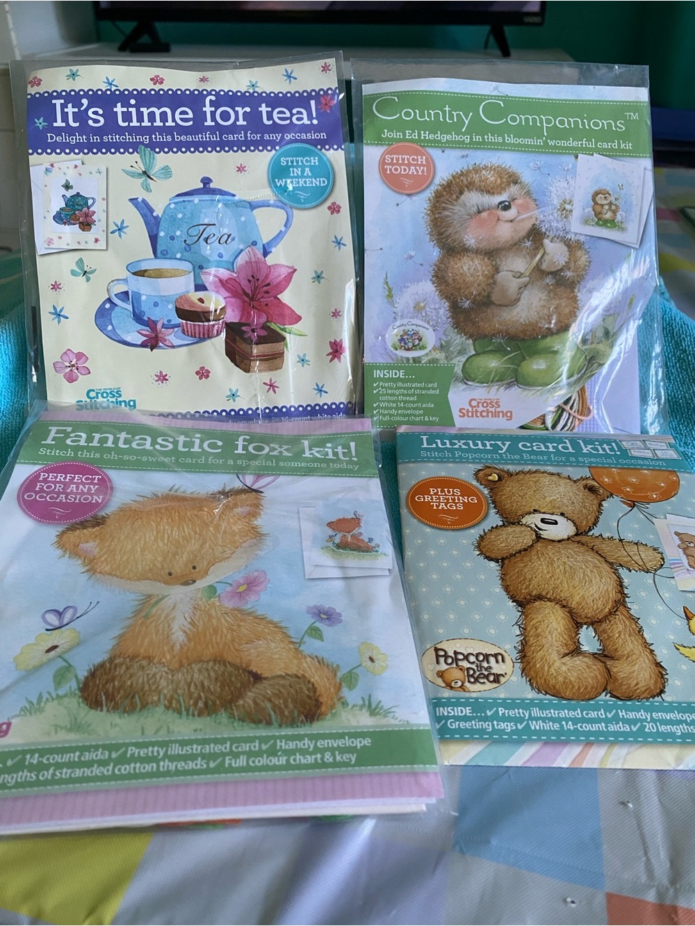 Lot of (4) Cross Stitch card kits New in Package Teapot, Hedgehog, Bear,Fox